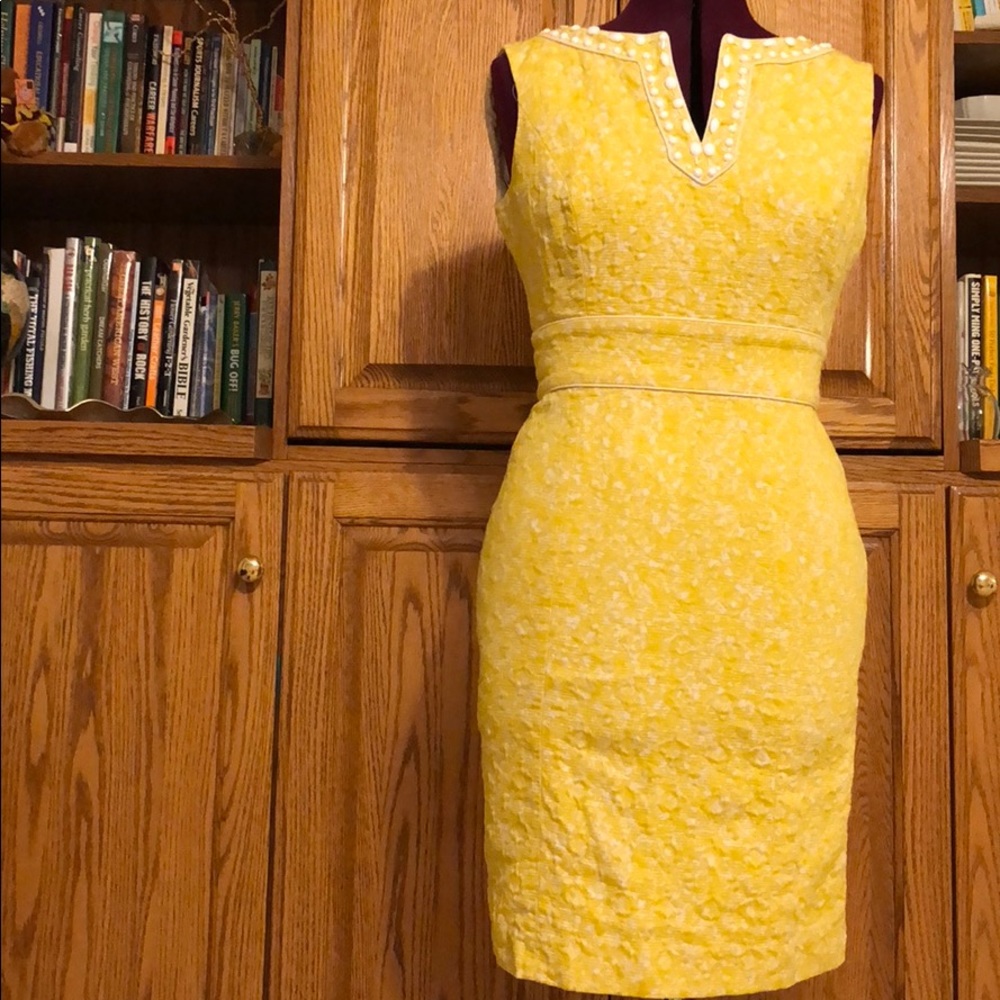 Tahari Yellow Dress with White Beaded Neckline